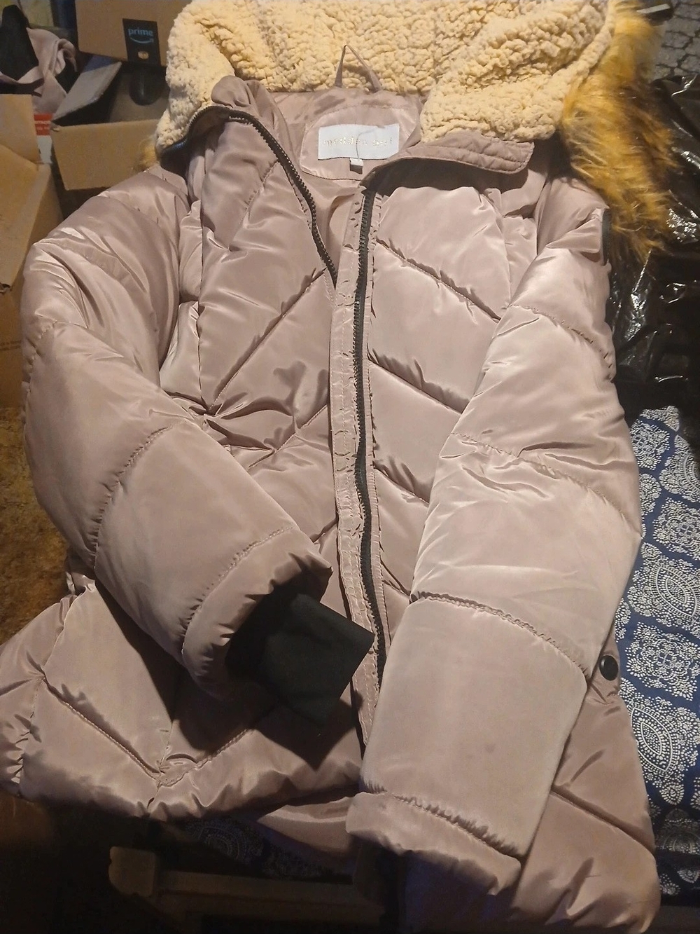 Madden Girl Taupe Quilted Puffer Coat with Faux Fur Trim
